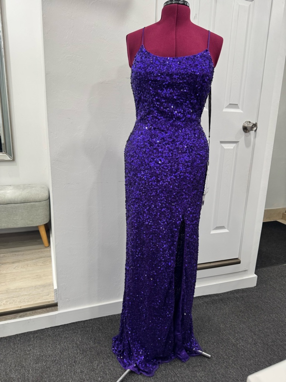 Sequin Spaghetti Strap Evening Gown - Purple